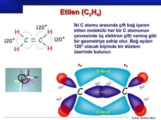 Etilen (C2H4)
    İki C atomu arasında çift bağ içeren
    etilen molekülü her bir C atomunun
    çevresinde üç elektron çifti varmış gibi
    bir geometriye sahip olur. Bağ açıları
    120° olacak biçimde bir düzlem
    üzerinde bulunur.




                               Prof.Dr. İbrahim USLU
 