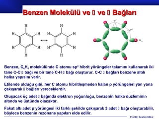 Benzen Molekülü ve  ve  Bağları




Benzen, C6H6 molekülünde C atomu sp2 hibrit yörüngeler takımını kullanarak iki
tane C-C  bağı ve bir tane C-H  bağı oluşturur. C-C  bağları benzene altılı
halka yapısını verir.
Etilende olduğu gibi, her C atomu hibritleşmeden kalan p yörüngeleri yan yana
çakışarak  bağları vereceklerdir.
Oluşacak üç adet  bağında elektron yoğunluğu, benzenin halka düzleminin
altında ve üstünde olacaktır.
Fakat altı adet p yörüngesi iki farklı şekilde çakışarak 3 adet  bağı oluşturabilir,
böylece benzenin rezonans yapıları elde edilir.
                                                                       Prof.Dr. İbrahim USLU
 