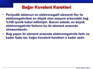 Bağın Kovalent Karekteri
• Periyodik tablonun en elektronegatif elementi flor ile
  elektonegativitesi en düşük olan sezyum arasındaki bağ
  %100 iyonik kabul edilmiştir. Bunun sebebi, en büyük
  elektronegativite farkının bu iki element arasında
  olmasındandır.
• Bağ yapan iki element arasında elektronegativite farkı ne
  kadar fazla ise, bağın kovalent karekteri o kadar azdır.




                                                 Prof.Dr. İbrahim USLU
 