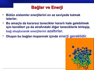 Bağlar ve Enerji
• Bütün sistemler enerjilerini en az seviyede tutmak
  isterler.
• Bu amaçla da kararsız tanecikler kararlı hale gelebilmek
  için kendileri ya da etrafındaki diğer taneciklerle birleşip,
  bağ oluşturarak enerjilerini azaltırlar.
• Oluşan bu bağları koparmak içinde enerji gereklidir.




                                                     Prof.Dr. İbrahim USLU
 