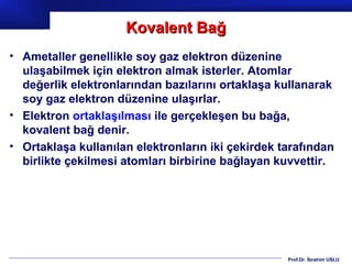 Kovalent Bağ
• Ametaller genellikle soy gaz elektron düzenine
  ulaşabilmek için elektron almak isterler. Atomlar
  değerlik elektronlarından bazılarını ortaklaşa kullanarak
  soy gaz elektron düzenine ulaşırlar.
• Elektron ortaklaşılması ile gerçekleşen bu bağa,
  kovalent bağ denir.
• Ortaklaşa kullanılan elektronların iki çekirdek tarafından
  birlikte çekilmesi atomları birbirine bağlayan kuvvettir.




                                                   Prof.Dr. İbrahim USLU
 