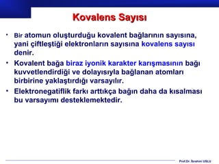 Kovalens Sayısı
•   Bir atomun oluşturduğu kovalent bağlarının sayısına,
  yani çiftleştiği elektronların sayısına kovalens sayısı
  denir.
• Kovalent bağa biraz iyonik karakter karışmasının bağı
  kuvvetlendirdiği ve dolayısıyla bağlanan atomları
  birbirine yaklaştırdığı varsayılır.
• Elektronegatiflik farkı arttıkça bağın daha da kısalması
  bu varsayımı desteklemektedir.




                                                   Prof.Dr. İbrahim USLU
 
