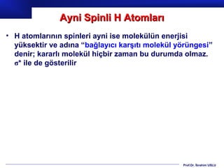 Ayni Spinli H Atomları
• H atomlarının spinleri ayni ise molekülün enerjisi
  yüksektir ve adına “bağlayıcı karşıtı molekül yörüngesi”
  denir; kararlı molekül hiçbir zaman bu durumda olmaz.
  σ* ile de gösterilir




                                                 Prof.Dr. İbrahim USLU
 