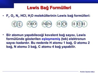 Lewis Bağ Formülleri
• F2, O2, N2, HCl, H2O moleküllerinin Lewis bağ formülleri:




• Bir atomun yapabileceği kovalent bağ sayısı, Lewis
  formülünde gösterilen eşleşmemiş (tek) elektronun
  sayısı kadardır. Bu nedenle H atomu 1 bağ, O atomu 2
  bağ, N atomu 3 bağ, C atomu 4 bağ yapabilir.




                                                    Prof.Dr. İbrahim USLU
 
