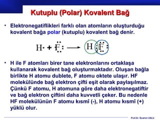 Kutuplu (Polar) Kovalent Bağ
• Elektronegatiflikleri farklı olan atomların oluşturduğu
  kovalent bağa polar (kutuplu) kovalent bağ denir.




• H ile F atomları birer tane elektronlarını ortaklaşa
  kullanarak kovalent bağ oluşturmaktadır. Oluşan bağla
  birlikte H atomu dublete, F atomu oktete ulaşır. HF
  molekülünde bağ elektron çifti eşit olarak paylaşılmaz.
  Çünkü F atomu, H atomuna göre daha elektronegatiftir
  ve bağ elektron çiftini daha kuvvetli çeker. Bu nedenle
  HF molekülünün F atomu kısmî (-), H atomu kısmî (+)
  yüklü olur.
                                                   Prof.Dr. İbrahim USLU
 
