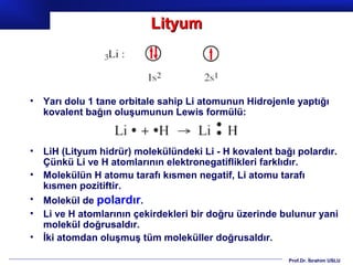 Lityum



•   Yarı dolu 1 tane orbitale sahip Li atomunun Hidrojenle yaptığı
    kovalent bağın oluşumunun Lewis formülü:


•   LiH (Lityum hidrür) molekülündeki Li - H kovalent bağı polardır.
    Çünkü Li ve H atomlarının elektronegatiflikleri farklıdır.
•   Molekülün H atomu tarafı kısmen negatif, Li atomu tarafı
    kısmen pozitiftir.
•   Molekül de polardır.
•   Li ve H atomlarının çekirdekleri bir doğru üzerinde bulunur yani
    molekül doğrusaldır.
•   İki atomdan oluşmuş tüm moleküller doğrusaldır.

                                                         Prof.Dr. İbrahim USLU
 