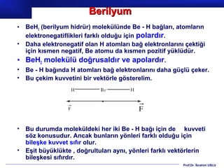 Berilyum
• BeH2 (berilyum hidrür) molekülünde Be - H bağları, atomların
  elektronegatiflikleri farklı olduğu için polardır.
• Daha elektronegatif olan H atomları bağ elektronlarını çektiği
  için kısmen negatif, Be atomu da kısmen pozitif yüklüdür.
• BeH2 molekülü doğrusaldır ve apolardır.
• Be - H bağında H atomları bağ elektronlarını daha güçlü çeker.
• Bu çekim kuvvetini bir vektörle gösterelim.




• Bu durumda moleküldeki her iki Be - H bağı için de kuvveti
  söz konusudur. Ancak bunların yönleri farklı olduğu için
  bileşke kuvvet sıfır olur.
• Eşit büyüklükte , doğrultuları aynı, yönleri farklı vektörlerin
  bileşkesi sıfırdır.
                                                         Prof.Dr. İbrahim USLU
 