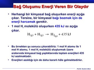 Bağ Oluşumu Enerji Veren Bir Olaydır
• Herhangi bir kimyasal bağ oluşurken enerji açığa
  çıkar. Tersine, bir kimyasal bağı bozmak için de
  enerji harcamak gerekir.
• 1 mol H2 molekülü oluşurken 435 kJ ısı açığa
  çıkar.




•   Bu örnekten şu sonucu çıkarabiliriz: 1 mol H atomu ile 1
    mol H atomu, 1 mol H2 molekülü oluşturmak üzere
    aralarında kimyasal bağ yaptıklarında toplam enerjileri 435
    kJ azalmaktadır.
•   Enerjileri azaldığı için de daha kararlı hâle gelmektedirler.


                                                           Prof.Dr. İbrahim USLU
 