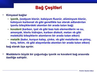 Bağ Çeşitleri
•   Kimyasal bağlar
     – iyonik, (sodyum klorür, kalsiyum fluorür, alüminyum klorür,
       kalsiyum karbonat vb gibi genellikle tuz olarak adlandırılan
       iyonlu bileşiklerdeki atomları bir arada tutan bağ)
     – kovalent (karbon, iyot vb gibi bazı katı elementlerin ve su,
       amonyak, klorlu hidrojen, karbon dioksit, metan vb gibi
       moleküllü bileşiklerin atomlarını bir arada tutan etken)
     – metalik (bakır, kurşun kalay, çinko, vb gibi metallerde ve pirinç,
       tunç, lehim, vb gibi alaşımlarda atomları bir arada tutan etken)
    bağ olarak üçe ayrılır.

•   Maddelerin büyük bir çoğunluğu iyonik ve kovalent bağ arasında
    özelliğe sahiptir.



                                                               Prof.Dr. İbrahim USLU
 