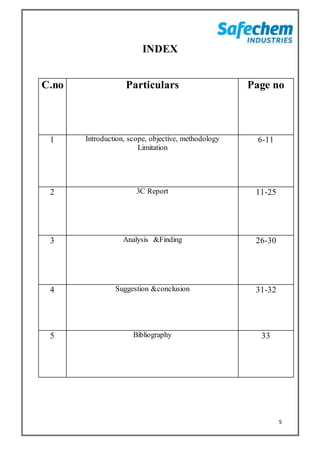 5
INDEX
C.no Particulars Page no
1 Introduction, scope, objective, methodology
Limitation
6-11
2 3C Report 11-25
3 Analysis &Finding 26-30
4 Suggestion &conclusion 31-32
5 Bibliography 33
 