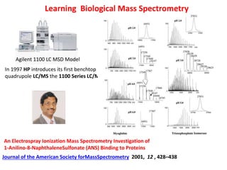 Agilent 1100 LC MSD Model
In 1997 HP introduces its first benchtop
quadrupole LC/MS the 1100 Series LC/MSD
Journal of the American Society forMassSpectrometry 2001, 12 , 428–438
An Electrospray Ionization Mass Spectrometry Investigation of
1-Anilino-8-NaphthaleneSulfonate (ANS) Binding to Proteins
Learning Biological Mass Spectrometry
 