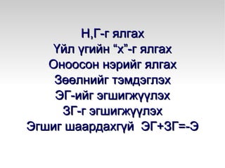 Н,Г-г ялгах Үйл үгийн “х”-г ялгах Оноосон нэрийг ялгах Зөөлнийг тэмдэглэх ЭГ-ийг эгшигжүүлэх ЗГ-г эгшигжүүлэх Эгшиг шаардахгүй  ЭГ+ЗГ=-Э 
