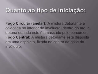 Quanto ao tipo de iniciação:Fogo Circular (anelar): A mistura detonante é colocada no interior do invólucro, dentro do aro, e detona quando este é amassado pelo percursor;Fogo Central: A mistura detonante está disposta em uma espoleta, fixada no centro da base do invólucro.
