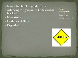 More effort but less productivityAchieving the goals must be delayed or blockedMore stressLeads us to failureDegradationIf time is not managed it leads toTime Management