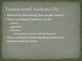 Transactional Analysis (TA) Method for determining how people interactWhen we interact, behavior can be:passiveaggressiveassertive Performance is greater with this behaviorTA is a method of understanding behavior in interpersonal dynamics