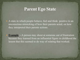 Parent Ego StateAstate in which people behave, feel and think  positive to an unconscious mimicking of how their parents acted, on how they interpreted their parents actions.Example:- A person may shout at someone out of frustration because they learned from an influential figure in childhood the lesson that this seemed to do way of relating that worked.
