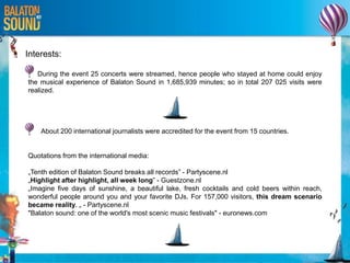 Interests:
During the event 25 concerts were streamed, hence people who stayed at home could enjoy
the musical experience of Balaton Sound in 1,685,939 minutes; so in total 207 025 visits were
realized.
About 200 international journalists were accredited for the event from 15 countries.
Quotations from the international media:
„Tenth edition of Balaton Sound breaks all records” - Partyscene.nl
„Highlight after highlight, all week long” - Guestzone.nl
„Imagine five days of sunshine, a beautiful lake, fresh cocktails and cold beers within reach,
wonderful people around you and your favorite DJs. For 157,000 visitors, this dream scenario
became reality. „ - Partyscene.nl
"Balaton sound: one of the world's most scenic music festivals" - euronews.com
 