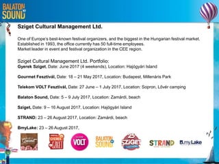 Sziget Cultural Management Ltd.
One of Europe’s best-known festival organizers, and the biggest in the Hungarian festival market.
Established in 1993, the office currently has 50 full-time employees.
Market leader in event and festival organization in the CEE region.
Sziget Cultural Management Ltd. Portfolio:
Gyerek Sziget, Date: June 2017 (4 weekends), Location: Hajógyári Island
Gourmet Fesztivál, Date: 18 – 21 May 2017, Location: Budapest, Millenáris Park
Telekom VOLT Fesztivál, Date: 27 June – 1 July 2017, Location: Sopron, Lővér camping
Balaton Sound, Date: 5 – 9 July 2017, Location: Zamárdi, beach
Sziget, Date: 9 – 16 August 2017, Location: Hajógyári Island
STRAND: 23 – 26 August 2017, Location: Zamárdi, beach
BmyLake: 23 – 26 August 2017,
 