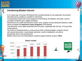 Introducing Balaton Sound::
In a unique way in Europe, the festival site is located directly on the waterside, the several
kilometers long coastline is suitable for swimming.
Consequently, beyond the music programs of the festival, the Balaton, the water, and the
recreation programs get a bigger emphasis.
Beachfront or on water built terraces, docks, bars, program venues along the beaches, water
sports complete the electronic music programs of the festival.
The electronic music styles expanded over the years, especially with hip hop, r'n'b and other
similar genres.
The event is characterized by a unique visual world, individual stages, program venues
with special decoration, visual design elements, custom installations, as well as
spectacular show- and pyrotechnics.
Balaton Sound won the „Best Medium-sized European festival” award in 2012.
108,000
127,000
145,000 145,000 157,000
0
50,000
100,000
150,000
200,000
2012 2013 2014 2015 2016
Visitor number
 