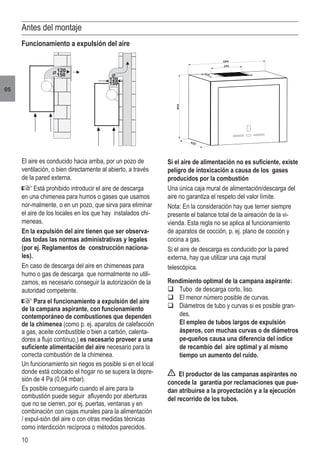10
es
Antes del montaje
Funcionamiento a expulsión del aire
El aire es conducido hacia arriba, por un pozo de
ventilación, o bien directamente al abierto, a través
de la pared externa.
Está prohibido introducir el aire de descarga
en una chimenea para humos o gases que usamos
nor-malmente, o en un pozo, que sirva para eliminar
el aire de los locales en los que hay instalados chi-
meneas.
En la expulsión del aire tienen que ser observa-
das todas las normas administrativas y legales
(por ej. Reglamentos de construcción naciona-
les).
En caso de descarga del aire en chimeneas para
humo o gas de descarga que normalmente no utili-
zamos, es necesario conseguir la autorización de la
autoridad competente.
Para el funcionamiento a expulsión del aire
de la campana aspirante, con funcionamiento
contemporáneo de combustiones que dependen
de la chimenea (como p. ej. aparatos de calefacción
a gas, aceite combustible o bien a carbón, calenta-
dores a flujo continuo,) es necesario proveer a una
suficiente alimentación del aire necesario para la
correcta combustión de la chimenea.
Un funcionamiento sin riegos es posible si en el local
donde está colocado el hogar no se supera la depre-
sión de 4 Pa (0,04 mbar).
Es posible conseguirlo cuando el aire para la
combustión puede seguir afluyendo por aberturas
que no se cierren, por ej. puertas, ventanas y en
combinación con cajas murales para la alimentación
/ expul-sión del aire o con otras medidas técnicas
como interdicción recíproca o métodos parecidos.
Si el aire de alimentación no es suficiente, existe
peligro de intoxicación a causa de los gases
producidos por la combustión
Una única caja mural de alimentación/descarga del
aire no garantiza el respeto del valor límite.
Nota: En la consideración hay que terner siempre
presente el balance total de la aireación de la vi-
vienda. Esta regla no se aplica al funcionamiento
de aparatos de cocción, p. ej. plano de cocción y
cocina a gas.
Si el aire de descarga es conducido por la pared
externa, hay que utilizar una caja mural
telescópica.
Rendimiento optimal de la campana aspirante:
q	Tubo de descarga corto, liso.
q	El menor número posible de curvas.
q	Diámetros de tubo y curvas si es posible gran-
des.
	 El empleo de tubos largos de expulsión
ásperos, con muchas curvas o de diámetros
pe-queños causa una diferencia del índice
de recambio del aire optimal y al mismo
tiempo un aumento del ruido.
El productor de las campanas aspirantes no
concede la garantía por reclamaciones que pue-
dan atribuirse a la proyectación y a la ejecución
del recorrido de los tubos.
���
���
���
���
 