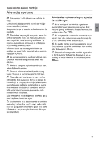 9
es
Instrucciones para el montaje:
Advertencias importantes
Los aparatos inutilizables son no material sin
valor.
Eliminándolos ecológicamente pueden ser recupe-
rados materiales preciosos.
Asegurarse de que el aparato no funcione antes de
reciclarlo.
El embalaje ha protegido su aparato nuevo du-
rante el transporte. Todos los materiales utilizados
son compatibles con el entorno y reciclables. Le
rogamos que colabore, eliminando el embalaje de
modo ecológicamente correcto.
Infórmese sobre las actuales posibilidades de
reciclaje con su vendedor especializado, o su admi-
nistración municipal.
La campana aspirante puede ser utilizada para
funcionar mediante la expulsión del aire o reci-
clándolo.
Montar la campana aspirante centrándola bien
sobre el plano de cocción.
Distancia mínima entre hornillos eléctricos y
borde inferior de la campana aspirante: 550 mm.
Si se coloca encima de una cocina a combu-
stible sólido, de la que puede derivar un peligro de
in-cendio (p. ej. chispas), el montaje de la campana
aspirante puede realizarse únicamente si la cocina
está dotada de una copertura cerrada no desmon-
table y si al mismo tiempo se observan las perti-
nentes normas nacionales.
Esta limitación es no válida para las cocinas a gas y
para los planos de cocción a gas.
Cuánto menor es la distancia entre la campana
aspirante y los hornillos, mucho mayor es la posibi-
lidad de que puedan condensarse gotas en la parte
inferior de la campana aspirante a causa del vapor
que se produce.
Advertencias suplementarias para aparatos
de cocción a gas:
En el montaje de los hornillos a gas tienen
que ser observadas las pertinentes normas de ley
nacional (por ej. en Alemania: Reglas Técnicas para
Instalaciones a Gas TRGI).
Es indispensable observar las normas de mon-
taje en vigor y las instrucciones para el montaje de
la casa productora de los aparatos a gas.
Se puede montar la campana aspirante con un
único lado que toque con un mueble o con un muro
alto. Distancia min. 50 mm.
Distancia mínima para los hornillos a gas entre
el borde superior de la parrilla de apoyo de las ca-
zuelas y el borde inferior de la campana aspirante:
650 mm.
 