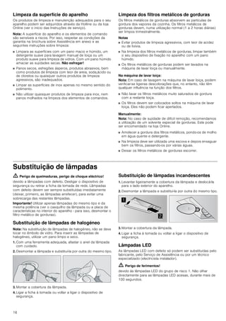 16
Limpeza da superfície do aparelho
Os produtos de limpeza e manutenção adequados para o seu
aparelho podem ser adquiridos através da Hotline ou da loja
Online (ver o início das Instruções de serviço).
Nota: A superfície do aparelho e os elementos de comando
são sensíveis a riscos. Por isso, respeitar as condições da
garantia na brochura sobre Assistência em anexo e as
seguintes instruções sobre limpeza:
■ Limpara as superfícies com um pano macio e húmido, um
detergente suave para lavagem manual de loiça ou um
produto suave para limpeza de vidros. Com um pano húmido
amaciar as sujidades secas. Não esfregar!
■ Panos secos, esfregões ásperos, produtos abrasivos, bem
como produtos de limpeza com teor de areia, soda,ácido ou
de cloretos ou quaisquer outros produtos de limpeza
agressivos, são inadequados.
■ Limpar as superfícies de inox apenas no mesmo sentido do
polimento.
■ Não utilizar quaisquer produtos de limpeza para inox, nem
panos molhados na limpeza dos elementos de comandos.
Limpeza dos filtros metálicos de gorduras
Os filtros metálicos de gorduras absorvem as partículas de
gordura dos vapores da cozinha. Os filtros metálicos de
gorduras devem, numa utilização normal (1 a 2 horas diárias)
ser limpos trimestralmente.
Notas
■ Evitar produtos de limpeza agressivos, com teor de acidez
ou de lixívia.
■ Na limpeza dos filtros metálicos de gorduras, limpar também
o seu dispositivo de fixação no aparelho com um pano
húmido.
■ Os filtros metálicos de gorduras podem ser lavados na
máquina de lavar loiça ou manualmente.
Na máquina de lavar loiça:
Nota: Em caso de lavagem na máquina de lavar loiça, podem
verificar-se ligeiras descolorações que, no entanto, não têm
qualquer influência na função dos filtros.
■ Não lavar os filtros metálicos muito saturados de gordura
com a restante loiça.
■ Os filtros devem ser colocados soltos na máquina de lavar
loiça. Eles não podem ficar apertados.
Manualmente:
Nota: No caso de sujidade de difícil remoção, recomendamos
a utilização de um solvente especial de gorduras. Este pode
ser encomendado na loja Online.
■ Amolecer a gordura dos filtros metálicos, pondo-os de molho
em água quente e detergente.
■ Na limpeza deve ser utilizada uma escova e depois enxaguar
bem os filtros, passando-os por várias águas.
■ Deixar os filtros metálicos de gorduras escorrer.
Substituição de lâmpadas
ã=Perigo de queimaduras, perigo de choque eléctrico!
devido a lâmpadas com defeito. Desligar o dispositivo de
segurança ou retirar a ficha da tomada de rede. Lâmpadas
com defeito devem ser sempre substituídas imediatamente
(deixar, primeiro, as lâmpadas arrefecer), para evitar uma
sobrecarga das restantes lâmpadas.
Importante! Utilizar apenas lâmpadas do mesmo tipo e da
mesma potência (ver o casquilho da lâmpada ou a placa de
características no interior do aparelho - para isso, desmontar o
filtro metálico de gorduras).
Substituição de lâmpadas de halogéneo
Nota: Na substituição de lâmpadas de halogéneo, não se deve
tocar no êmbolo de vidro. Para inserir as lâmpadas de
halogéneo, utilizar um pano limpo e seco.
1. Com uma ferramenta adequada, afastar o anel da lâmpada
com cuidado.
2. Desmontar a lâmpada e substituí-la por outra do mesmo tipo.
3. Montar a cobertura da lâmpada.
4. Ligar a ficha à tomada ou voltar a ligar o dispositivo de
segurança.
Substituição de lâmpadas incandescentes
1. Levantar ligeiramente a cobertura da lâmpada e deslocá-la
para o lado exterior do aparelho.
2. Desmontar a lâmpada e substituí-la por outra do mesmo tipo.
3. Montar a cobertura da lâmpada.
4. Ligar a ficha à tomada ou voltar a ligar o dispositivo de
segurança.
Lâmpadas LED
As lâmpadas LED com defeito só podem ser substituídas pelo
fabricante, pelo Serviço de Assistência ou por um técnico
especializado (electricista instalador).
ã=Perigo de ferimentos!
devido às lâmpadas LED do grupo de risco 1. Não olhar
directamente para as lâmpadas LED acesas, durante mais de
100 segundos.


 