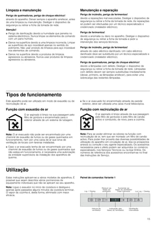 15
Limpeza e manutenção
Perigo de queimaduras, perigo de choque eléctrico!
através do aparelho. Deixar sempre o aparelho arrefecer, antes
de uma limpeza ou manutenção. Desligar o dispositivo de
segurança ou retirar a ficha da tomada de rede.
Atenção!
■ Perigo de danificação devido a humidade que penetra no
sistema electrónico. Nunca limpar os elementos de comando
com um pano húmido.
■ Danos na superfície devido a uma limpeza incorrecta. Limpar
as superfícies de aço inoxidável apenas no sentido do
polimento. Não usar produto de limpeza para aço inoxidável
nos elementos de comando.
■ Danos na superfície devido a produtos de limpeza
agressivos ou abrasivos. Nunca usar produtos de limpeza
agressivos ou abrasivos.
Manutenção e reparação
Perigo de incêndio, perigo de ferimentos!
devido a reparações mal executadas. Desligar o dispositivo de
segurança ou retirar a ficha da tomada de rede. As reparações
só podem ser efectuadas por um técnico especializado e
credenciado (instalador eléctrico).
Perigo de ferimentos!
devido a anomalia ou dano no aparelho. Desligar o dispositivo
de segurança ou retirar a ficha da tomada e pedir a
intervenção dos serviços técnicos.
Perigo de incêndio, perigo de ferimentos!
através do cabo eléctrico danificado. Um cabo eléctrico
danificado deve ser substituído por um técnico especializado e
credenciado (instalador eléctrico).
Perigo de queimaduras, perigo de choque eléctrico!
devido a lâmpadas com defeito. Desligar o dispositivo de
segurança ou retirar a ficha da tomada de rede. Lâmpadas
com defeito devem ser sempre substituídas imediatamente
(deixar, primeiro, as lâmpadas arrefecer), para evitar uma
sobrecarga das restantes lâmpadas.
Tipos de funcionamento
Este aparelho pode ser utilizado em modo de exaustão ou de
recirculação de ar.
Função com exaustão de ar
Nota: O ar evacuado não pode ser encaminhado por uma
chaminé de exaustão de fumos ou de gases queimados em
funcionamento, nem por uma caixa de ar que sirva de
ventilação de locais com lareiras instaladas.
■ Caso o ar evacuado tenha de ser encaminhado por uma
chaminé de exaustão de fumos ou de gases queimados que
não esteja em funcionamento, é necessária uma autorização
da entidade supervisora da instalação dos aparelhos de
queima.
■ Se o ar evacuado for encaminhado através da parede
exterior, deve ser utilizada uma caixa mural telescópica.
Função com recirculação de ar
Nota: Para se poder eliminar os odores na função com
recirculação de ar, tem que ser montado um filtro de carvão
activo. Para poder tirar proveito das diversas possibilidades de
utilização do aparelho em circulação de ar, leia os prospectos
anexos ou consulte o seu agente especializado. Os acessórios
necessários para o efeito podem ser adquiridos no comércio
especializado, nos Serviços Técnicos ou na loja Online. Os
números de referência dos acessórios encontram-se no final
das Instruções de Serviço.
Utilização
Estas instruções aplicam-se a vários modelos de aparelhos. É
possível que sejam descritos vários pormenores de
equipamento individuais que não se aplicam ao seu aparelho.
Nota: Ligue o exaustor no início da cozedura e desligue-o
apenas após passados alguns minutos da cozedura terminar.
O vapor da cozinha é, desta forma, eliminado com maior
eficácia.
Painel de comandos Variante 1
O ar aspirado é limpo na sua passagem pelo
filtro de gordura e encaminhado para o
exterior através de um sistema de tubagem.
O ar aspirado é limpo através da sua passagem
pelo filtro de gorduras e pelo filtro de carvão
activo e conduzido, de novo, para a cozinha.
/LJ  'HVOLJ
5HGX]LU DV
IDVHV GR
YHQWLODGRU
$XPHQWDU DV
IDVHV GR YHQWLODGRU
)DVH LQWHQVLYD /X] /LJ  'HVOLJ
,QpUFLD GR
YHQWLODGRU
,QGLFDomR GDV
IDVHV GR YHQWLODGRU
9HQWLODomR
LQWHUYDODGD
 