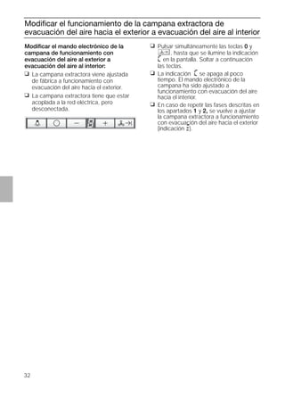 32
Modiﬁcar el funcionamiento de la campana extractora de
evacuación del aire hacia el exterior a evacuación del aire al interior
Modiﬁcar el mando electrónico de la
campana de funcionamiento con
evacuación del aire al exterior a
evacuación del aire al interior:
❑ La campana extractora viene ajustada
de fábrica a funcionamiento con
evacuación del aire hacia el exterior.
❑ La campana extractora tiene que estar
acoplada a la red eléctrica, pero
desconectada.
❑ Pulsar simultáneamente las teclas 0 y
, hasta que se ilumine la indicación
ã en la pantalla. Soltar a continuación
las teclas.
❑ La indicación ã se apaga al poco
tiempo. El mando electrónico de la
campana ha sido ajustado a
funcionamiento con evacuación del aire
hacia el interior.
❑ En caso de repetir las fases descritas en
los apartados 1 y 2, se vuelve a ajustar
la campana extractora a funcionamiento
con evacuación del aire hacia el exterior
(indicación #).
 