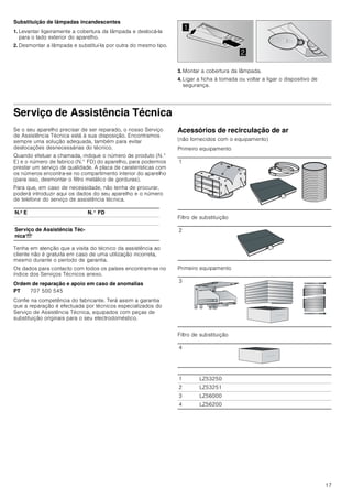 15
Operar o aparelho
Estas instruções aplicam-se a vários modelos de aparelhos. É
possível que sejam descritos vários pormenores de
equipamento individuais que não se aplicam ao seu aparelho.
Nota: Ligue o exaustor no início da cozedura e desligue-o
apenas após passados alguns minutos da cozedura terminar.
O vapor da cozinha é, desta forma, eliminado com maior
eficácia.
Painel de comandos
Regular o ventilador
Ligar
Prima a tecla 1, 2 ou 3.
Desligar
Prima a tecla 0.
Iluminação
A iluminação pode ser ligada ou desligada,
independentemente da ventilação.
Prima a tecla A.
Limpeza e manutenção
: Perigo de queimaduras!
O aparelho aquece durante o funcionamento, sobretudo na
zona das lâmpadas. Deixe o aparelho arrefecer antes de o
limpar.
: Perigo de choque elétrico!
A penetração de humidade pode causar choque elétrico.
Limpar o aparelho apenas com um pano húmido. Antes da
limpeza, retire a ficha da tomada ou o fusível da caixa de
fusíveis.
: Perigo de choque eléctrico!
A humidade que se infiltra no aparelho pode dar origem a um
choque eléctrico. Não utilize aparelhos de limpeza a alta
pressão ou de limpeza a vapor.
: Perigo de ferimentos!
Os componentes interiores do aparelho podem ter arestas
vivas. Use luvas de proteção.
Produtos de limpeza
Para que as diferentes superfícies do aparelho não sejam
danificadas pelo produto de limpeza errado, tenha em atenção
os dados constantes da tabela. Não utilize
■ produtos de limpeza agressivos ou abrasivos,
■ produtos de limpeza com elevado teor de álcool,
■ esfregões de palha-de-aço ou esponjas abrasivas,
■ aparelhos de limpeza a alta pressão ou de limpeza a vapor.
Lave bem os panos de esponja novos, antes de os utilizar.
Tenha em atenção todas as indicações e avisos relativamente
aos produtos de limpeza.


 
Nota explicativa
A Ligar/desligar a luz
0,1 Ventilador desligado/fase 1 do ventilador
2 Fase 2 do ventilador
3 Fase 3 do ventilador
Zona Produtos de limpeza
Aço inoxidável Solução de água quente e detergente:
Limpe com um pano multiusos e
seque com um pano macio.
Limpe as superfícies de aço inoxidá-
vel apenas no sentido do polimento.
Através da assistência técnica ou
numa loja especializada podem ser
adquiridos produtos de limpeza espe-
ciais para aço inoxidável. Aplique
uma pequena quantidade desse pro-
duto com um pano macio.
Superfícies lacadas Solução de água quente e detergente:
Limpe com um pano multiusos
húmido e seque com um pano macio.
Não utilize produtos de limpeza para
aço inoxidável.
Alumínio e plástico Limpa-vidros:
Limpe com um pano macio.
Vidro Limpa-vidros:
Limpe com um pano macio. Não uti-
lize raspadores de vidros.
Elementos de
comando
Solução de água quente e detergente:
Limpe com um pano multiusos
húmido e seque com um pano macio.
Perigo de danificação no sistema ele-
trónico devido a humidade que pene-
tra. Nunca limpar os elementos de
comando com um pano húmido.
Não utilize produtos de limpeza para
aço inoxidável.
 