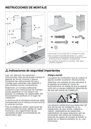 8
INSTRUCCIONES DE MONTAJE
Manual de montaje
■ Este aparato se ha previsto para un montaje en la pared.
■ Para accesorios especiales adicionales (p. ej., para el
funcionamiento en recirculación) se han de tener en cuenta
las instrucciones de instalación correspondientes.
■ Las superficies del aparato son sensibles. Evitar daños
durante la instalación.
: Indicaciones de seguridad importantes
Leer con atención las siguientes
instrucciones. Solo así se puede manejar el
aparato de forma correcta y segura.
Conservar las instrucciones de uso y
montaje para utilizarlas más adelante o
para posibles futuros compradores.
Solamente un montaje profesional
conforme a las instrucciones de montaje
puede garantizar un uso seguro del
aparato. El instalador es responsable del
funcionamiento perfecto en el lugar de
instalación.
La anchura de la campana extractora debe
corresponder por lo menos a la anchura de
la zona de cocción.
Para la instalación deben observarse las
prescripciones técnicas válidas en cada
momento y los reglamentos de las
compañías locales suministradoras de
electricidad y gas.
¡Peligro mortal!
Los gases de combustión que se vuelven a
aspirar pueden ocasionar intoxicaciones.
Garantice una entrada de aire suficiente si
el aparato se emplea en modo de
funcionamiento en salida de aire al exterior
junto con un equipo calefactor dependiente
del aire del recinto de instalación.
Los equipos calefactores que dependen del
aire del recinto de instalación (p. ej.,
calefactores de gas, aceite, madera o
carbón, calentadores de salida libre,
calentadores de agua) adquieren aire de
combustión del recinto de instalación y
evacuan los gases de escape al exterior a
través de un sistema extractor (p. ej., una
chimenea).

PLQ
PLQ
PLQ

PLQ



!
!
[
[
[
[
[
 