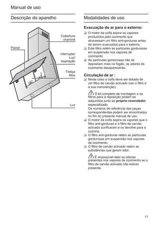 11
Manual de uso
Modalidades de uso
Evacuação do ar para o externo:
❑ O motor da coifa aspira os vapores
produzidos pelo cozimento que
atravessam um filtro anti-gorduras antes
de serem evacuados para o externo.
❑ Este filtro retém as partículas gordurosas
em suspensão nos vapores de
cozimento.
❑ As partículas gordurosas não se
depositam mais no fogão, os odores de
cozimento desaparecerão.
Circulação de ar :
❑ Neste caso a coifa deve ser dotada de
um filtro de carvão activado (ver o filtro e
a sua manutenção) .
O kit completo de montagem e os
filtros para a reposição podem se
adquiridos junto ao próprio revendedor
especializado.
Os números de referência das peças
correspondentes podem ser encontrados
no fim do presente manual de uso.
❑ O motor da coifa aspira os vapores que o
filtro anti-gorduras e o filtro de carvão
activado purificaram e os devolve para a
cozinha.
❑ O filtro anti-gorduras retém as partículas
gordurosas em suspensão nos vapores
de cozimento.
❑ O filtro de carvão activado retém as
substâncias que geram odor.
É impossível reter os odores
presentes nos vapores de cozimento se o
filtro de carvão activado não estiver
presente.
Descrição do aparelho
Cobertura
chaminé
interruptor
Luz/
Aspiração
Luz
Treliça
filtro
Painel
 