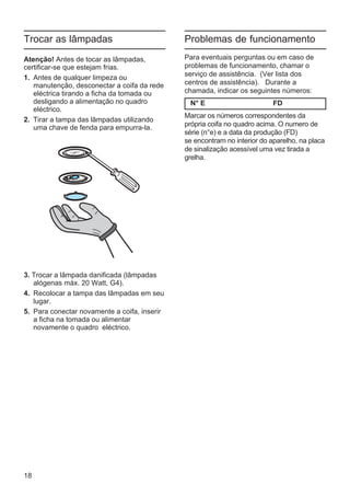18
Trocar as lâmpadas
Atenção! Antes de tocar as lâmpadas,
certificar-se que estejam frias.
1. Antes de qualquer limpeza ou
manutenção, desconectar a coifa da rede
eléctrica tirando a ficha da tomada ou
desligando a alimentação no quadro
eléctrico.
2. Tirar a tampa das lâmpadas utilizando
uma chave de fenda para empurra-la.
3. Trocar a lâmpada danificada (lâmpadas
alógenas máx. 20 Watt, G4).
4. Recolocar a tampa das lâmpadas em seu
lugar.
5. Para conectar novamente a coifa, inserir
a ficha na tomada ou alimentar
novamente o quadro eléctrico.
Problemas de funcionamento
Para eventuais perguntas ou em caso de
problemas de funcionamento, chamar o
serviço de assistência. (Ver lista dos
centros de assistência). Durante a
chamada, indicar os seguintes números:
N° E FD
Marcar os números correspondentes da
própria coifa no quadro acima. O numero de
série (n°e) e a data da produção (FD)
se encontram no interior do aparelho, na placa
de sinalização acessível uma vez tirada a
grelha.
 