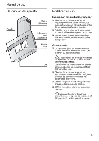 3
Manual de uso
Modalidad de uso
Evacuación del aire hacia el exterior:
❑ El motor de la campana aspira los
vapores producidos por la cocción, los
cuales atraviesan un filtro antigrasa antes
de ser evacuados hacia el exterior.
❑ Este filtro absorbe las partículas grasas
en suspensión en los vapores de cocción.
❑ Las partículas grasas no se depositan
más en la cocina, los olores de cocción
desaparecen.
Aire reciclado:
❑ La campana debe, en este caso, estar
dotada de un filtro de carbón activo (ver
el filtro y su mantenimiento).
El kit completo de montaje y los filtros
de repuesto, los puede comprar en una
tienda especializada.
Los números de referencia de las piezas
correspondientes se encuentran al final
del manual de uso.
❑ El motor de la campana aspira los
vapores que atraviesan el filtro antigrasa
y el filtro de carbón activo antes de
devolverlos a la cocina.
❑ El filtro antigrasa absorbe las partículas
grasas de los vapores de cocción.
❑ El filtro de carbón retiene las sustancias
olorosas.
Es imposible retener los olores
presentes en los vapores de cocción si el
filtro de carbón activo no está presente.
Descripción del aparato
Cubre
chimenea
interruptor
Luz/
Aspiración
Luz
Rejilla
filtro
Panelo
 