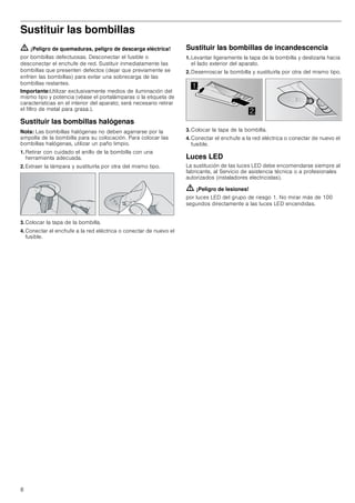 8
Sustituir las bombillas
ã=¡Peligro de quemaduras, peligro de descarga eléctrica!
por bombillas defectuosas. Desconectar el fusible o
desconectar el enchufe de red. Sustituir inmediatamente las
bombillas que presenten defectos (dejar que previamente se
enfríen las bombillas) para evitar una sobrecarga de las
bombillas restantes.
Importante:Utilizar exclusivamente medios de iluminación del
mismo tipo y potencia (véase el portalámparas o la etiqueta de
características en el interior del aparato; será necesario retirar
el filtro de metal para grasa.).
Sustituir las bombillas halógenas
Nota: Las bombillas halógenas no deben agarrarse por la
ampolla de la bombilla para su colocación. Para colocar las
bombillas halógenas, utilizar un paño limpio.
1. Retirar con cuidado el anillo de la bombilla con una
herramienta adecuada.
2. Extraer la lámpara y sustituirla por otra del mismo tipo.
3. Colocar la tapa de la bombilla.
4. Conectar el enchufe a la red eléctrica o conectar de nuevo el
fusible.
Sustituir las bombillas de incandescencia
1. Levantar ligeramente la tapa de la bombilla y deslizarla hacia
el lado exterior del aparato.
2. Desenroscar la bombilla y sustituirla por otra del mismo tipo.
3. Colocar la tapa de la bombilla.
4. Conectar el enchufe a la red eléctrica o conectar de nuevo el
fusible.
Luces LED
La sustitución de las luces LED debe encomendarse siempre al
fabricante, al Servicio de asistencia técnica o a profesionales
autorizados (instaladores electricistas).
ã=¡Peligro de lesiones!
por luces LED del grupo de riesgo 1. No mirar más de 100
segundos directamente a las luces LED encendidas.


 