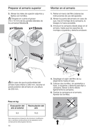 14
Preparar el armario superior Montar en el armario
3. Alinear los rieles de sujeción adjuntos y
ﬁjarlos con tornillos.
ṇTéngase en cuenta el grosor
(16 ó 19 mm) de los paneles laterales de
los armarios! Medida X.
ṇEn caso de que la profundidad del
armario fuera inferior a 280 mm, recortar el
panel posterior del armario en una altura
de 250 mm.
4. Desplegar el cajón del ﬁltro de su
alojamiento hasta el tope.
5. Colocar dos tornillos, sin apretarlos a
tope, a izquierda y derecha para ﬁjar a
campana. Elevar a dicho efecto
ligeramente la campana.
6. Centrar la campana en el armario.
Apretar los tornillos.
X
x=16mm x=19mm
1. Retirar el marco del ﬁltro (véanse las
instrucciones de uso del aparato).
2. Alinear la puerta del armario en caso de
que, tras el montaje de la campana, la
bisagra no fuera accesible.
3. Introducir la campana desde abajo en el
armario, hasta que los soportes de
montaje a izquierda y derecha enclaven.
Peso en kg:
Nos reservamos el derecho de introducir modiﬁcacio-
nes o cambios constructivos en los aparatos como
consecuencia del progreso técnico.
Evacuación del
aire al exterior
Recirculación del
aire
9,5 10,5
 