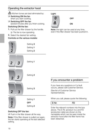 18
ṇ Kitchen fumes are best eliminated by:
❑ Switching ON the fan
when you start cooking.
❑ Switching OFF the fan
several minutes after you ﬁnish cooking.
Switching ON the fan:
1. Pull out the ﬁlter drawer by the handle.
❑ The fan is now operating.
2. Select the desired fan setting.
Controls on the various models:
Operating the extractor hood
Light:
Note: the light can be used at any time,
even if the ﬁlter drawer has been pushed in.
0
Setting 3
Setting 1
Setting 2
OFF
ON
Setting 1
Setting 2
Setting 3
Setting 1
OFF
Setting 2
Switching OFF the fan:
❑ Push in the ﬁlter drawer all the way.
Note: If the ﬁlter drawer is pulled out again,
the fan starts operating at the last selected
setting.
2
2
32
2
1
0
2
3
1
If you encounter a problem
If you have any questions or if a fault
occurs, please call Customer Service.
(See list of Customer Service
representatives).
When you call, please quote the following:
E-Nr. FD
Enter the relevant numbers into the box
above. The E-Nr. (product no.) and FD
(production date) are shown on the
nameplate which can be seen inside the
extractor hood after the ﬁlter frame has
been detached.
 