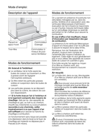 29
Description de l'appareil
Modes de fonctionnement
Air évacué à l'extérieur:
❑ Le ventilateur de la hotte aspire les
buées de cuisson qui traversent un ﬁltre
à graisse avant de regagner
l'atmosphère extérieure.
❑ Ce ﬁltre retient les particules grasses
solides en suspension dans les buées de
cuisson.
❑ Les particules grasses ne se déposent
plus dans la cuisine, les odeurs de cuis-
son disparaissent.
D Si la hotte évacue l'air à l'extérieur et
si le logement comporte des moyens de
chauffage (tels par ex. des appareils de
chauffage au gaz, au fuel ou au charbon,
chauffe-eau instantanés ou à accumulation)
raccordés à une cheminée, veiller
impérativement à ce que l'apport d'air
soit suffisant pour assurer la marche du
chauffage à combustion.
Un fonctionnement sans risque est possible
si la dépression dans le local où le foyer de
chauffage est implanté ne dépasse pas 4
Pascals (0,04 mbars).
Modes de fonctionnement
On y parvient en présence d'ouvertures non
obturables ménagées par ex. dans les
portes, fenêtres et en association avec des
ventouses télescopiques d'admission/
évacuation de l'air à travers la maçonnerie
ou par d'autres mesures techniques telles
qu'un verrouillage réciproque ou assimilé
permettant à l'air d'affluer pour assurer la
combustion.
En cas d'afflux d'air insuffisant, risque
d'intoxication par réaspiration des gaz
de combustion.
La présence d'une ventouse télescopique
d'apport et d'évacuation d'air ne suffit pas
à assurer le respect de la valeur limite.
Remarque: lors de l'évaluation de la
situation, toujours tenir compte de
l'ensemble des moyens d'aération du
logement. Cette règle ne vaut généralement
pas si vous utilisez des appareils de cuisson
(table de cuisson et cuisinière à gaz).
Si la hotte recycle l'air aspiré au moyen
d'un ﬁltre au charbon actif, son
fonctionnement ne s'assortit d'aucune
restriction.
Air recyclé:
❑ La hotte doit, dans ce cas, être équipée
d'un ﬁltre au charbon actif (voir le ﬁltre et
son entretien).
ṇVous pouvez vous procurer le kit de
montage complet ainsi que les ﬁltres de
rechange auprès de votre revendeur
spécialisé.
Vous trouverez les numéros de référence
des accessoires correspondants à la ﬁn
de la présente notice d'utilisation.
❑ Le ventilateur de la hotte aspirante aspire
les buées qui traversent le ﬁltre à graisse
et celui à charbon actif avant de revenir
dans la cuisine.
❑ Le ﬁltre à graisse retient les particules
solides en suspension dans les buées de
cuisson.
❑ Le ﬁltre à charbon actif retient les
substances odoriférantes.
ṇ Si vous n'incorporez aucun ﬁltre au
charbon actif, impossible de retenir les
odeurs présentes dans les buées de
cuisson.
Mode d’emploi:
Commutateur à
niveaux de puis-
sance Ventilateur
Placard en
appui mural
Tiroir-ﬁltre
Commutateur
Eclairage
 
