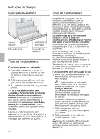 42
Interruptor de
ventilação
Armário
superior
Filtro extensível
Interruptor de
iluminação
Descrição do aparelho Tipos de funcionamento
Tipos de funcionamento
Funcionamento com exaustão:
❑ O ventilador do exaustor aspira os
vapores da cozinha e, através do ﬁltro
de gordura, encaminha-os para o ar
livre.
❑ O ﬁltro de gordura retém as partículas
gordurosos dos vapores da cozinha.
❑ A cozinha mantém-se livre de gorduras e
cheiros.
D Se o exaustor funcionar com
exaustão, o funcionamento simultâneo
de aparelhos dependentes de uma
chaminé (como por ex. aquecedores a
gás, óleo ou carvão, esquentadores e
acumuladores) tem que ser garantida a
renovação do ar necessário, para a
combustão perfeita dos aparelhos antes
referidos.
É possível um funcionamento sem
qualquer perigo, se não for ultrapassada a
depressão de 4 Pa (0,04 mbar) no local de
instalação dos aparelhos de queima.
Isto pode ser conseguido se o ar
necessário à combustão puder ser
reposto, através de aberturas não
fecháveis, p. ex. em portas, janelas e em
ligação com caixas murais de alimentação
ou de saída de ar, ou ainda através doutras
medidas técnicas, como trancagem
recíproca ou semelhantes.
Se a renovação de ar fresco não for
suﬁciente, existe o perigo de
envenenamento, provocado pelo retorno
dos gases provenientes da combustão.
Uma caixa mural de entrada/saída de ar
não garante, por si só, o cumprimento do
valor limite.
Nota: Na avaliação tem que ser
considerada sempre a necessidade global
de ventilação da habitação.
No funcionamento de aparelhos de
cozinhar, como por ex. placas e fogões a
gás, esta regra não se aplica.
Se o exaustor funcionar com circulação de
ar – com ﬁltro de carvão activo – não há
qualquer tipo de limitação.
Funcionamento com circulação de ar:
❑ Neste caso, tem que ser montado um
ﬁltro de carvão activo (ver Filtro e
Manutenção).
ṇO jogo completo de montagem,
bem como os ﬁltros de substituição,
podem ser adquiridos nos nossos
Serviços Técnicos.
Os números de encomenda
correspondentes podem ser
encontrados no ﬁnal destas Instruções
de Serviço.
❑ O ventilador do exaustor aspira os
fumos da cozinha e reencaminha o ar
para a cozinha, depois de limpo pelo
ﬁltro de gordura e de carvão activo.
❑ O ﬁltro de gordura retém os
componentes gordurosos dos vapores
da cozinha.
❑ O ﬁltro de carvão activo retém as
substâncias com cheiro.
ṇ Se não for instalado o ﬁltro de carvão
activo, não podem ser eliminidas as
partículas de cheiro existentes nos vapores
da cozinha.
Instruções de Serviço:
 