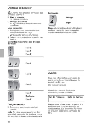 44
ṇ A forma mais eﬁcaz de eliminação dos
fumos da cozinha é:
❑ Ligar o exaustor
no início da cozedura.
❑ Desligar o exaustor
só alguns minutos antes de terminar o
cozinhado.
Ligar o exaustor:
1. Puxar para fora o suporte extensível
através da respectiva pega.
❑ O exaustor começa a funcionar.
2. Seleccionar a potência de exaustão pre-
tendida.
Elementos de comando dos diversos
modelos:
Utilização do Exaustor
Iluminação:
Nota: A iluminação pode ser utilizada em
qualquer momento, mesmo quando o
suporte extensível estiver recolhido.
0 Desligar
Ligar
Desligar o exaustor:
❑ Empurrar o suporte extensível até
prender.
Nota: Ao voltar a puxar para fora o ﬁltro
extensível, o exaustor irá funcionar com a
última potência de exaustão seleccionada.
Fase 3
Fase 1
Fase 2
Fase 1
Fase 2
Fase 3
Fase 1
Desligado
Fase 2
2
2
32
2
3
1
2
1
0
Avarias
Para mais informações ou em caso de
avaria, consulte os nossos Serviços de
Assistência Técnica.
(Ver índice em anexo).
Quando recorrer aos Serviços de
Assistência, indique por favor:
Nr. de Producto Data de fabrico
Registe estes números nos campos acima.
Estes números constam da chapa de
características, que encontrará no interior
do exaustor, após retirar a armação do
ﬁltro.
 
