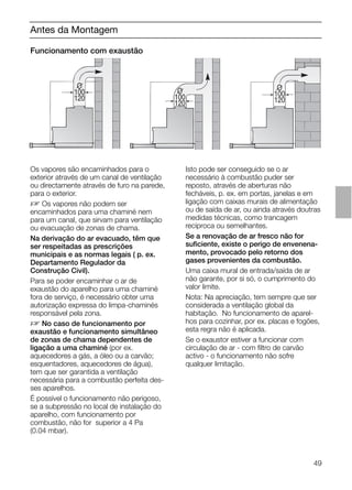 49
O
100
120
O
100
120
O
100
120
Antes da Montagem
Funcionamento com exaustão
Os vapores são encaminhados para o
exterior através de um canal de ventilação
ou directamente através de furo na parede,
para o exterior.
D Os vapores não podem ser
encaminhados para uma chaminé nem
para um canal, que sirvam para ventilação
ou evacuação de zonas de chama.
Na derivação do ar evacuado, têm que
ser respeitadas as prescrições
municipais e as normas legais ( p. ex.
Departamento Regulador da
Construção Civil).
Para se poder encaminhar o ar de
exaustão do aparelho para uma chaminé
fora de serviço, é necessário obter uma
autorização expressa do limpa-chaminés
responsável pela zona.
D No caso de funcionamento por
exaustão e funcionamento simultâneo
de zonas de chama dependentes de
ligação a uma chaminé (por ex.
aquecedores a gás, a óleo ou a carvão;
esquentadores, aquecedores de água),
tem que ser garantida a ventilação
necessária para a combustão perfeita des-
ses aparelhos.
É possível o funcionamento não perigoso,
se a subpressão no local de instalação do
aparelho, com funcionamento por
combustão, não for superior a 4 Pa
(0.04 mbar).
Isto pode ser conseguido se o ar
necessário à combustão puder ser
reposto, através de aberturas não
fecháveis, p. ex. em portas, janelas e em
ligação com caixas murais de alimentação
ou de saída de ar, ou ainda através doutras
medidas técnicas, como trancagem
recíproca ou semelhantes.
Se a renovação de ar fresco não for
suﬁciente, existe o perigo de envenena-
mento, provocado pelo retorno dos
gases provenientes da combustão.
Uma caixa mural de entrada/saída de ar
não garante, por si só, o cumprimento do
valor limite.
Nota: Na apreciação, tem sempre que ser
considerada a ventilação global da
habitação. No funcionamento de aparel-
hos para cozinhar, por ex. placas e fogões,
esta regra não é aplicada.
Se o exaustor estiver a funcionar com
circulação de ar - com ﬁltro de carvão
activo - o funcionamento não sofre
qualquer limitação.
 
