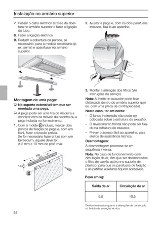 54
Instalação no armário superior
2. Ajustar a pega e, com os dois parafusos
inclusos, ﬁxá-la ao aparelho.
7. Passar o cabo eléctrico através da aber-
tura no armário superior e fazer a ligação
do tubo.
8. Fazer a ligação eléctrica.
9. Reduzir a cobertura da parede, se
necessário, para a medida necessária (p.
ex. serrar) e aparafusar no armário
superior.
14,5
598
350
3. Montar a armação dos ﬁltros (Ver
instruções de serviço).
Nota: A frente do exaustor pode ﬁcar
disfarçada dentro do armário superior (por
ex. com uma placa de contraplacado).
Neste caso, ter em conta:
– O fundo intermédio não pode ser
colocado sobre a estrutura do exaustor.
– O revestimento frontal não pode ser ﬁxa-
do na estrutura do exaustor.
– Prever o acesso fácil ao aparelho, para
efeitos de assistência técnica.
Desmontagem:
A desmontagem processa-se em
sequência inversa.
Nota: No caso de funcionamento com
circulação de ar, têm que ser desmontados
o ﬁltro de carvão activo e o suporte de
plástico, para que os parafusos de ﬁxação
e as patilhas auxiliares ﬁquem acessíveis.
Montagem de uma pega:
❑ No suporte extensível tem que ser
montada uma pega.
❑ A pega pode ser uma tira de madeira a
condizer com os móveis da cozinha ou a
pega incluida no fornecimento.
1. Com o molde OIII incluso, marcar dois
pontos de ﬁxação na pega e, com um
buril, fazer a furacão prévia.
Se for necessário fazer o furo com um
berbequim, aquele deve ter:
l 2 mm e 10 mm de prof. máx.
Peso em kg:
Direitos reservados quanto a alterações de construção
no âmbito da evolução técnica.
Saída de ar Circulação de ar
9,5 10,5
 