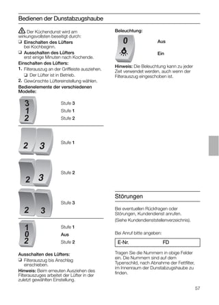 57
Störungen
Bei eventuellen Rückfragen oder
Störungen, Kundendienst anrufen.
(Siehe Kundendienststellenverzeichnis).
Bei Anruf bitte angeben:
E-Nr. FD
Tragen Sie die Nummern in obige Felder
ein. Die Nummern sind auf dem
Typenschild, nach Abnahme der Fettﬁlter,
im Innenraum der Dunstabzugshaube zu
ﬁnden.
ṇ Der Küchendunst wird am
wirkungsvollsten beseitigt durch:
❑ Einschalten des Lüfters
bei Kochbeginn.
❑ Ausschalten des Lüfters
erst einige Minuten nach Kochende.
Einschalten des Lüfters:
1. Filterauszug an der Griffleiste ausziehen.
❑ Der Lüfter ist in Betrieb.
2. Gewünschte Lüftereinstellung wählen.
Bedienelemente der verschiedenen
Modelle:
Bedienen der Dunstabzugshaube
2
1
0
Beleuchtung:
Hinweis: Die Beleuchtung kann zu jeder
Zeit verwendet werden, auch wenn der
Filterauszug eingeschoben ist.
0
Stufe 3
Stufe 1
Stufe 2
Aus
Ein
Stufe 1
Stufe 2
Stufe 3
Stufe 1
Aus
Stufe 2
Ausschalten des Lüfters:
❑ Filterauszug bis Anschlag
einschieben.
Hinweis: Beim erneuten Ausziehen des
Filterauszuges arbeitet der Lüfter in der
zuletzt gewählten Einstellung.
2
2
32
2
3
1
 