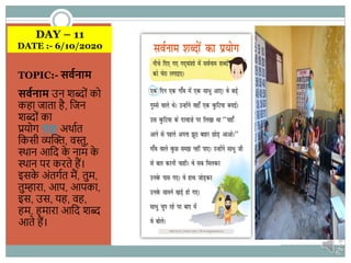 DAY – 11
DATE :- 6/10/2020
TOPIC:- सर्वनाम
सर्वनाम उन शब्ोिं को
कहा जाता है, हजन
शब्ोिं का
प्रयोग सिंज्ञा अिाणत
हकसी व्यस्क्त, वस्तु,
थिान आहद के नाम के
थिान पर करते हैं।
इसके अिंतगणत मैं, तुम,
तुम्हारा, आप, आपका,
इस, उस, यह, वह,
हम, हमारा आहद शब्
आते हैं।
 
