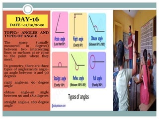DAY-16
DATE :-11/10/2020
TOPIC:- ANGLES AND
TYPES OF ANGLE
The space (usually
measured in degrees)
between two intersecting
lines or surfaces at or close
to the point where they
meet.
In geometry, there are three
types of angles:acute angle-
an angle between 0 and 90
degrees
right angle-an 90 degree
angle
obtuse angle-an angle
between 90 and 180 degrees
straight angle-a 180 degree
angle
 