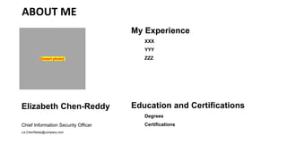 ABOUT ME
Elizabeth Chen-Reddy
Chief Information Security Officer
Liz.ChenReddy@company.com
[insert photo]
My Experience
 XXX
 YYY
 ZZZ
Education and Certifications
 Degrees
 Certifications
 