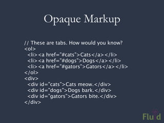 Opaque Markup
// These are tabs. How would you know?
<ol>
 <li><a href=”#cats”>Cats</a></li>
 <li><a href=”#dogs”>Dogs</a></li>
 <li><a href=”#gators”>Gators</a></li>
</ol>
<div>
 <div id=”cats”>Cats meow.</div>
 <div id=”dogs”>Dogs bark.</div>
 <div id=”gators”>Gators bite.</div>
</div>
 