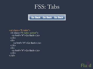 FSS: Tabs


<ul class="ﬂ-tabs">
  <li class="ﬂ-tabs-active">
   <a href="#">Go Back</a>
  </li>
  <li>
     <a href="#">Go Back</a>
  </li>
  <li>
   <a href="#">Go Back</a>
  </li>
</ul>
 