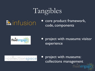 Tangibles
  • core product: framework,
    code, components


  • project with museums: visitor
    experience


  • project with museums:
    collections management
 