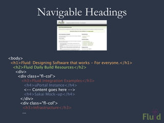 Navigable Headings


<body>
  <h1>Fluid: Designing Software that works - For everyone.</h1>
    <h2>Fluid Daily Build Resources</h2>
      <div>
        <div class="ﬂ-col">            
          <h3>Fluid Integration Examples</h3>
            <h4>uPortal Instance</h4>
            <-- Content goes here -->
             <h4>Sakai Mock-up</h4>
          </div>
          <div class="ﬂ-col">  
            <h3>Infrastructure</h3>
            ...
 