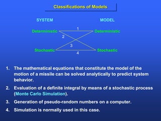 1. The mathematical equations that constitute the model of the
motion of a missile can be solved analytically to predict system
behavior.
2. Evaluation of a definite integral by means of a stochastic process
(Monte Carlo Simulation).
3. Generation of pseudo-random numbers on a computer.
4. Simulation is normally used in this case.
SYSTEM MODEL
Deterministic
Stochastic
Deterministic
Stochastic
1
2
3
4
Classifications of Models
 